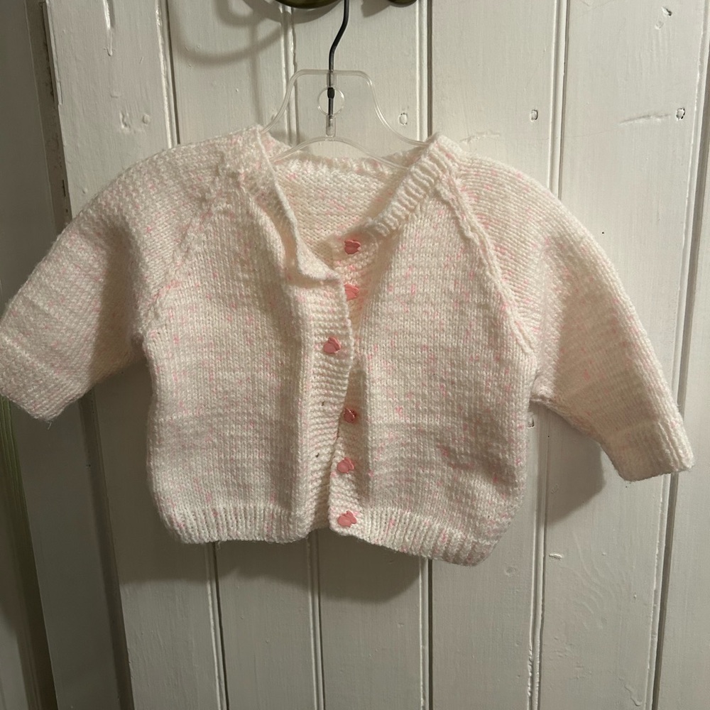 Handmade 12m Pink and White speckled Knit button up Cardigan with rabbit buttons
